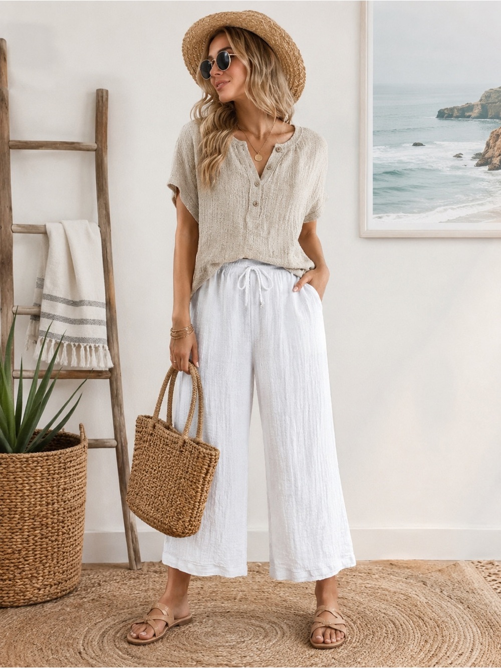 Tahari Women’s XL White Crinkle Gauze Cropped Wide Leg Pants Drawstring